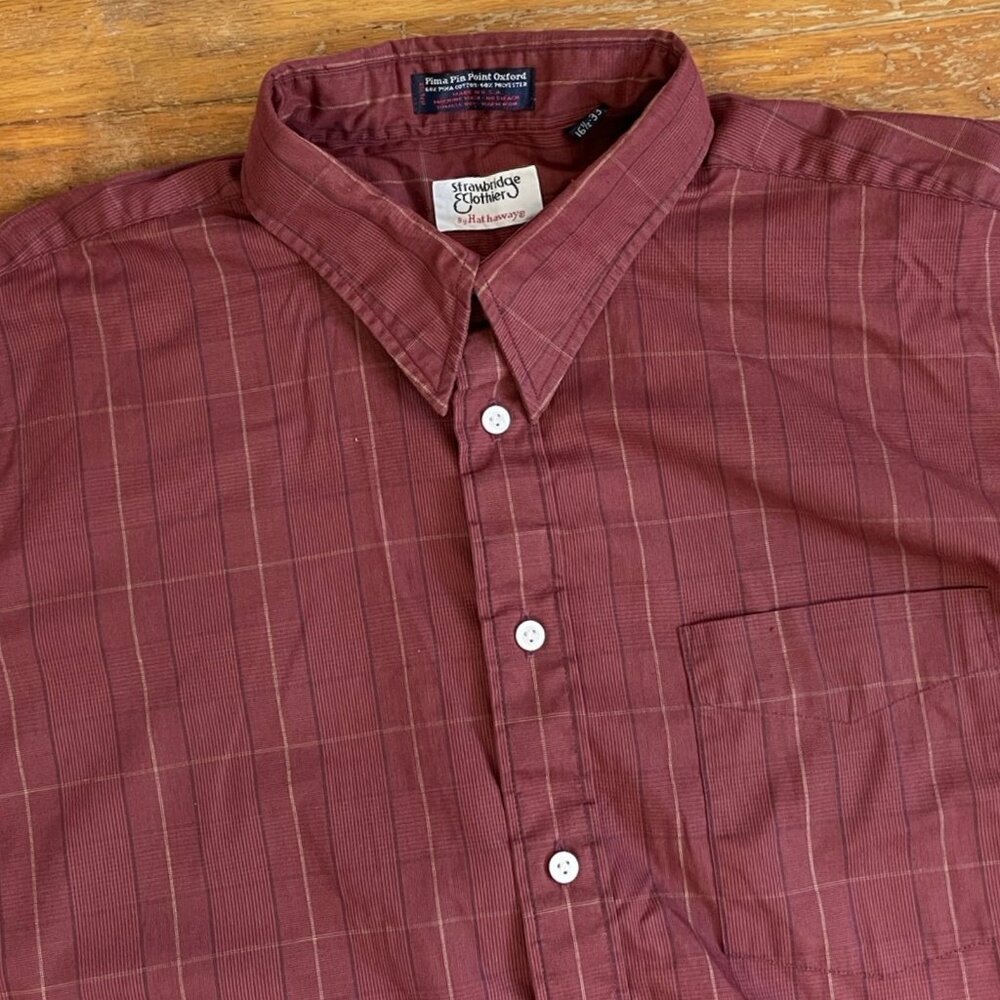 Vintage Burgundy Plaid Oxford Shirt Size Large 1970s Pima Cotton Blend Collared - Picture 2 of 4